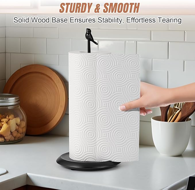 Wooden Paper Towel Holder countertop,Stylish Bird Shaped,Solid Wood Base&Iron Top,with Non-Slip Mat,Stable&Durable,Paper Towel Holder Black-Farmhouse Style to Elevate Your Kitchen's Décor(All Black) - Image 6