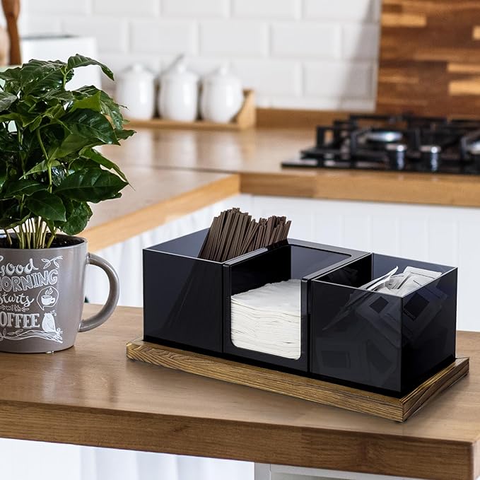 MyGift Coffee Organizer, Modern Acrylic Coffee and Tea Organizer with 3 Removable Premium Translucent Black Acrylic Compartments and Rustic Burnt Solid Wood Decorative Tray, 4 Piece Set - Image 4