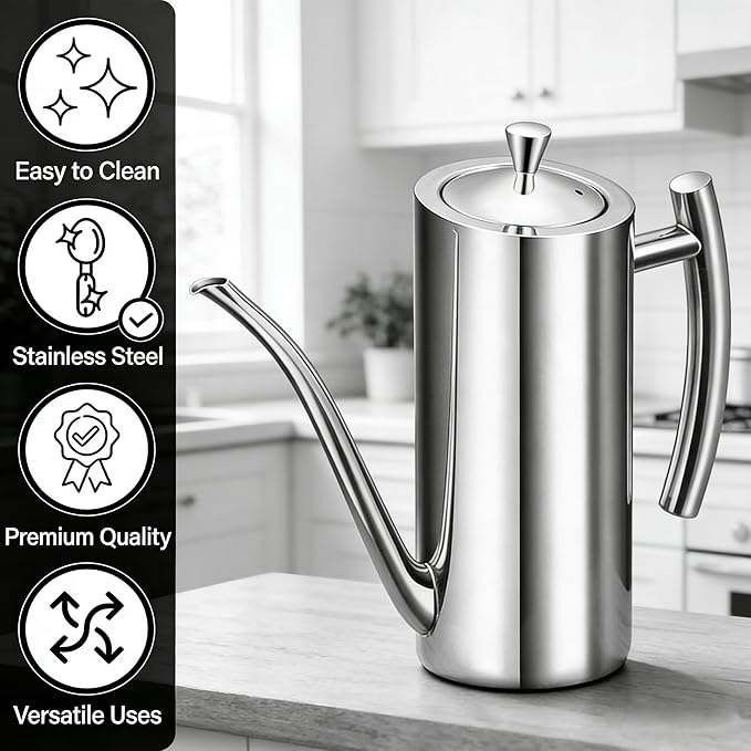 KSENDALO Stainless Steel Olive Oil Dispenser - 24oz/700mL Leakproof Oil Bottle, Premium One-Piece Design with Long Narrow Spout, Vertical Handle Kitchen Cruet for Precision Pouring - Image 4