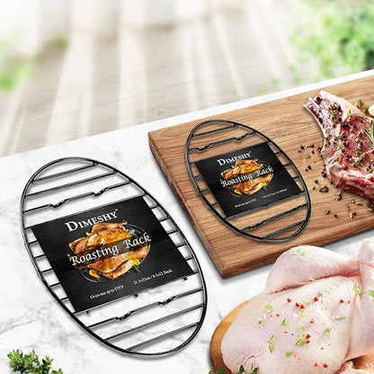 DIMESHY Roasting Rack, Black with Integrated Feet, Enamel Finished, Nonstick, fit for 15 inches oval roasting pan, safety, dishwasher, Great for Basting, Cooking, Drying, Cooling rack. (12.5”x 8.5”)