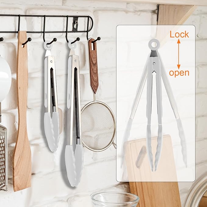 Premium Stainless Steel Heat Resistant Kitchen Tongs for cooking,set of 9" and 12" (White),Non Scratch Silicone cooking Tong Tip for Cooking Pans,Strong Grip BBQ tongs for Grabbing Hot Food - Image 7