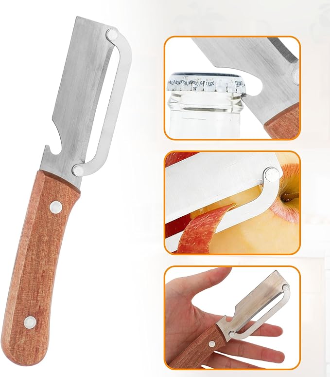 Multi-Functional Vegetable Peeler with Wooden Handle, Stainless Steel Thick & Thin Skin Fruit Peeler with Bottle Opener, Not for Left-Handed Users, Practical Kitchen Tool for Apple Potato - Image 3
