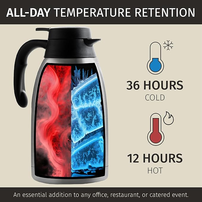Cresimo Thermal Coffee Carafe 68oz / 2L - 12 Hours Hot Beverage Dispenser, Insulated Stainless Steel Carafe for Liquids, Coffee Carafes For Keeping Hot Water Dispenser for Parties - Large Tea Flask - Image 2