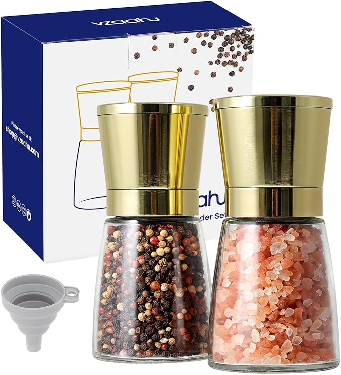 vzaahu Golden Salt and Pepper Grinders with Funnel, Brush - Adjustable Coarseness Shiny Gold Cap Seasalt Peppermill Set Refillable with Magnetic Lid, for Modern, Kitchen Decoration Gift by vzaahu