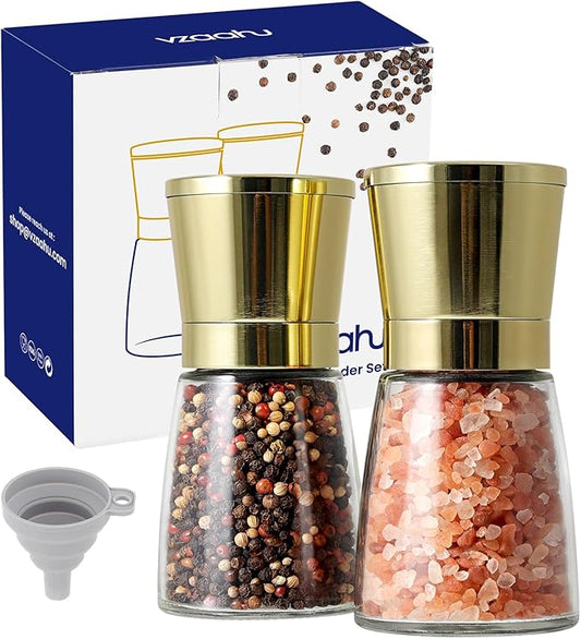 vzaahu Golden Salt and Pepper Grinders with Funnel, Brush - Adjustable Coarseness Shiny Gold Cap Seasalt Peppermill Set Refillable with Magnetic Lid, for Modern, Kitchen Decoration Gift by vzaahu