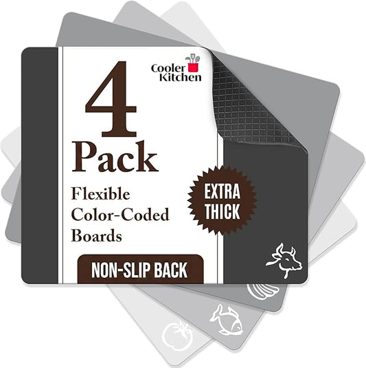 Cooler Kitchen Extra Thick Flexible Cutting Mat Set With Food Icons & EZ-Grip Back (Set Of 4 Mats) - Flexible Cutting Boards for Kitchen - Flexible Plastic Cutting Board Set (Black and White)…