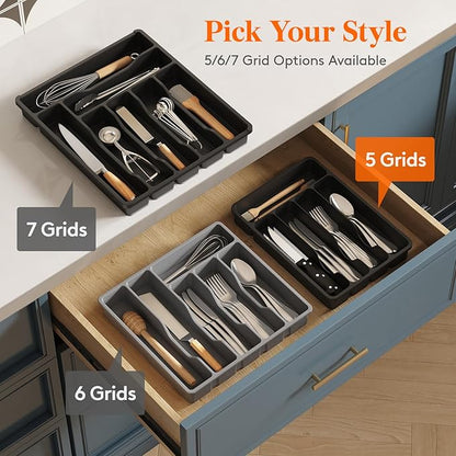 Lifewit Silverware Drawer Organizer Tray, Plastic Cutlery Storage for Kitchen, Flatware and Utensil Holder Divider for Spoons Forks Knives Tableware, 9.1 x 12.6", 5 Slots, Black - Image 7