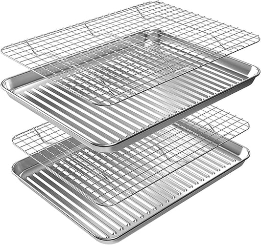 ROTTAY Baking Sheet, Half Sheet Pan with Cooling Rack Set [2 Pans + 2 Racks], Stainless Steel Baking Pan for Oven, Warp Resistant & Heavy Duty & Rust Free, Size 18 x 12 x 1 Inches by Rottay