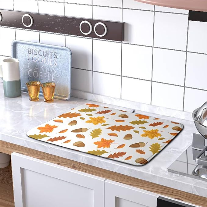 Fall Leaves Dish Drainer Mat - Absorbent Drying Mat for Counter - 18x24 Inch, Orange Maple Leaf Pattern - Image 5
