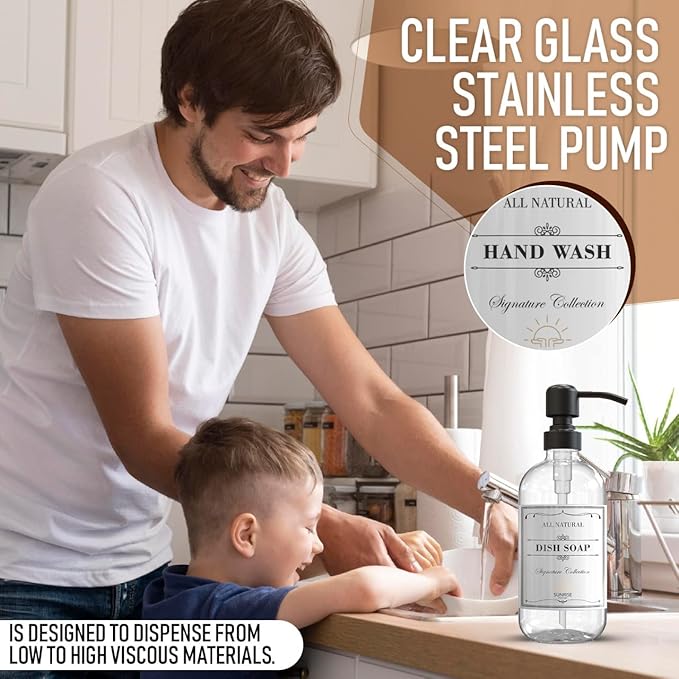 Sunrise Premium 2 Pack Clear Glass Soap Dispenser 16 OZ with Matte Black Stainless Steel Pump, Hand and Dish Soap Dispenser Set for Bathroom and Kitchen Sink with 6 Waterproof Labels - Image 6