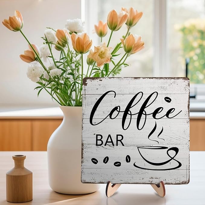 Coffee Bar Decor Sign – Rustic Wooden Plaque for Coffee Station, Farmhouse Cafe Shelf Accessories, Desk or Kitchen Counter Decor,Birthday,Mother Day Gift 5.9 x 5.9 Inch - Image 5