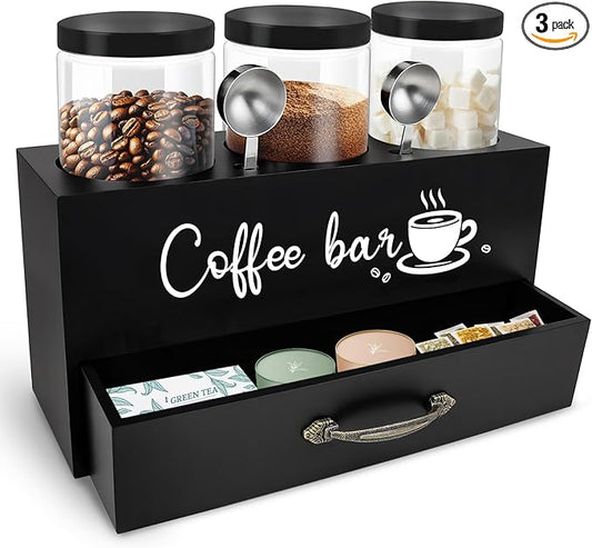 MACIFECI 54 oz Coffee Canister Set with Shelf, Coffee and Sugar Container Set of 3 Canisters Sets for Kitchen Counter, Plastic Coffee Bean Storage Container with Scoop (Black - Drawer)