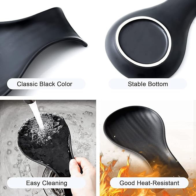 Hasense Porcelain Spoon Rest for Stove Top, 7 Inch Spoon Holder for Ladle Spatula & Tong, Large Cooking Utensil Rests for Home Kitchen Countertop and Coffee Bar Decoration, Matte Black