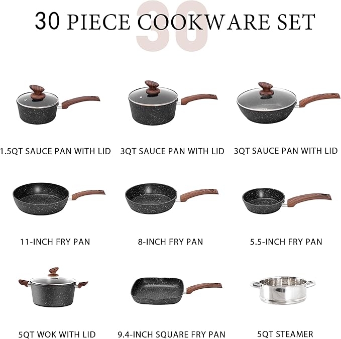 MAISON ARTS 30 Piece Pots and Pans Set Non Stick, Kitchen Cookware & Bakeware Sets with Nonstick Granite Coating, Baking Tray, Frying Pan and Saucepan, Black - Image 5