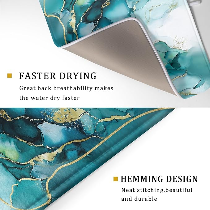 Giwawa Teal Marble Dish Drying Mat Turquoise Blue Marbling Print Dish Drainer Mats 18"x24" Modern Granite Microfiber Reversible Dish Drying Rack Pad Protector for Kitchen Countertop Decor