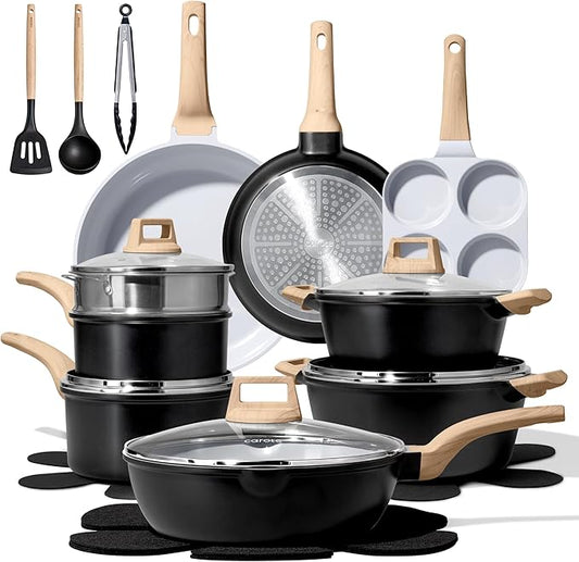 CAROTE 21pcs Pots and Pans Set Nonstick, Cookware Set Black Induction Kitchen Cooking Set w/Frying Pans & Saucepans(PFOS, PFOA Free) by CAROTE
