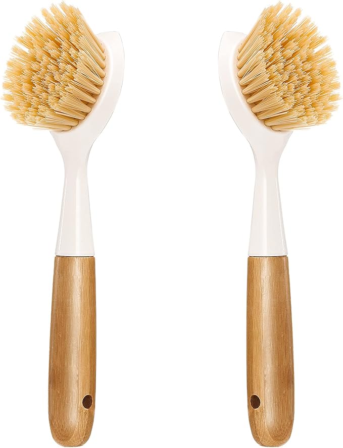 2 Pack Kitchen Dish Brush Bamboo Handle Dish Scrubber Built-in Scraper, Scrub Brush for Pans, Pots, Kitchen Sink Cleaning, Dishwashing and Cleaning Brushes are Perfect Cleaning Tools, White by Songtaste