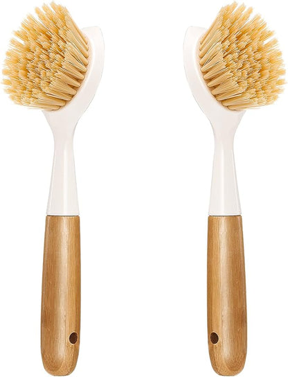 2 Pack Kitchen Dish Brush Bamboo Handle Dish Scrubber Built-in Scraper, Scrub Brush for Pans, Pots, Kitchen Sink Cleaning, Dishwashing and Cleaning Brushes are Perfect Cleaning Tools, White by Songtaste