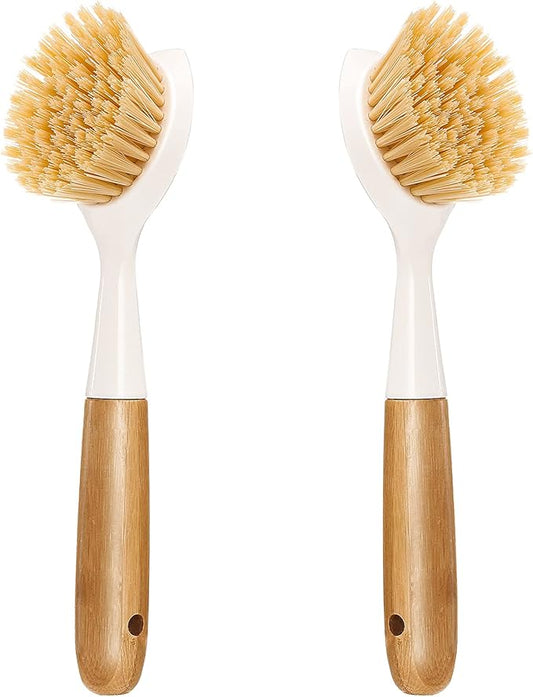 2 Pack Kitchen Dish Brush Bamboo Handle Dish Scrubber Built-in Scraper, Scrub Brush for Pans, Pots, Kitchen Sink Cleaning, Dishwashing and Cleaning Brushes are Perfect Cleaning Tools, White by Songtaste