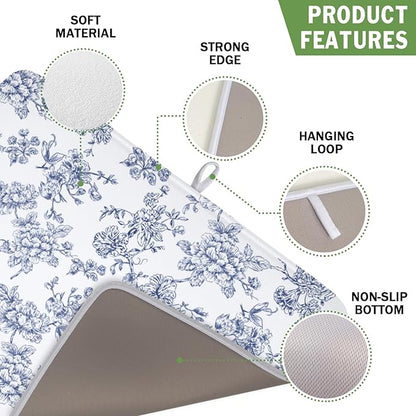 Blue Floral Dish Drying Mat for Kitchen Counter Chinoiserie Flower Microfiber Dish Drainer Mat Vintage Rustic Elegant Absorbent Washable Drying Pad Extra Large 16"x18"
