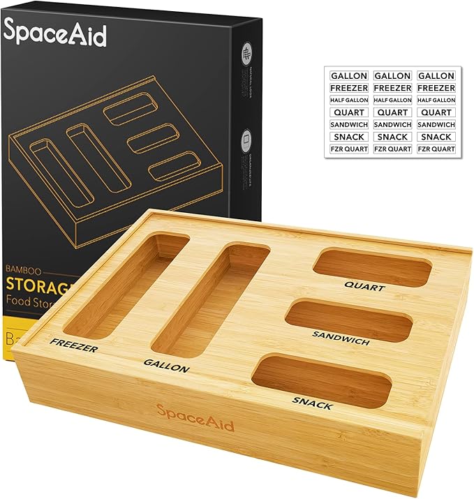 SpaceAid Bag Storage Organizer for Kitchen Drawer, Bamboo Organizer, Compatible with Gallon, Quart, Sandwich and Snack Variety Size Bag (1 Box 5 Slots) by SpaceAid