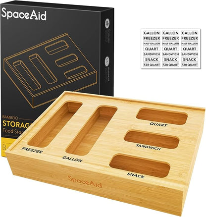 SpaceAid Bag Storage Organizer for Kitchen Drawer, Bamboo Organizer, Compatible with Gallon, Quart, Sandwich and Snack Variety Size Bag (1 Box 5 Slots) by SpaceAid