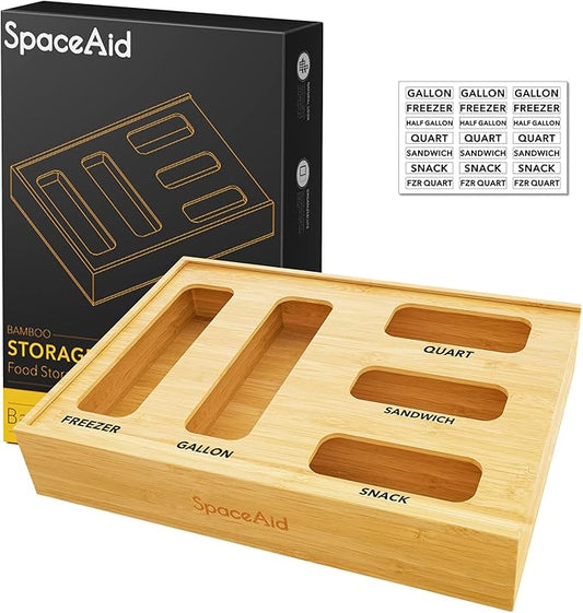 SpaceAid Bag Storage Organizer for Kitchen Drawer, Bamboo Organizer, Compatible with Gallon, Quart, Sandwich and Snack Variety Size Bag (1 Box 5 Slots) by SpaceAid