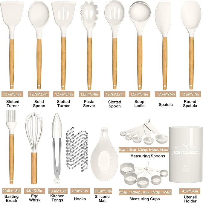 Umite Chef Kitchen Cooking Utensils Set, 33 pcs Non-stick Silicone Cooking Kitchen Utensils Spatula Set with Holder, Wooden Handle Silicone Kitchen Gadgets Utensil Set (Cream White) - Image 2