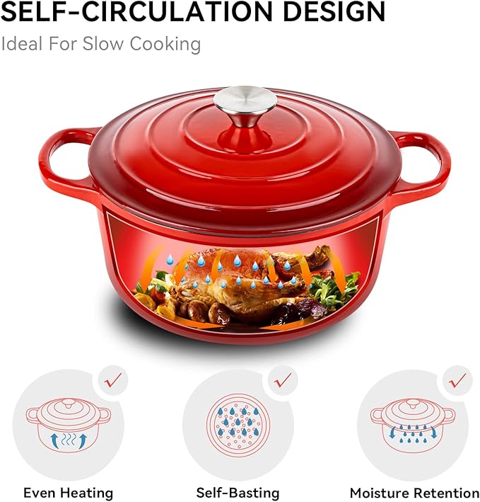Miereirl 6 Quart Enameled Dutch Oven Pot with Lid, Cast Iron Dutch Oven with Dual Handles for Bread Baking, Cooking, Non-stick Enamel Coated Cookware (Red) - Image 4