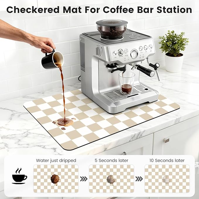 16" x 24" Checkered Dish Drying Mat for Kitchen Counter, Absorbent Coffee Bar Mat for Espresso Machine Coffee Countertops Accessories, Beige - Image 3