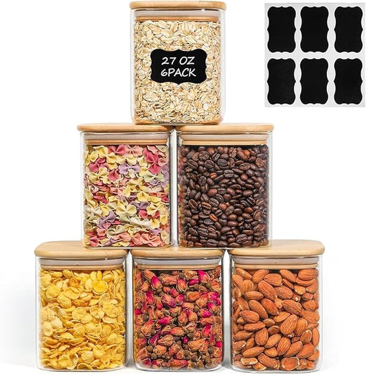 ComSaf 0.8 Qt Glass Food Storage Jars Set of 6, Clear Storage Containers with Airtight Lids, Pantry Organization Jar, Spice Jar, Blooming Tea, Oat, Coffee and Sugar Container, Canister Set for Kitchen by ComSaf