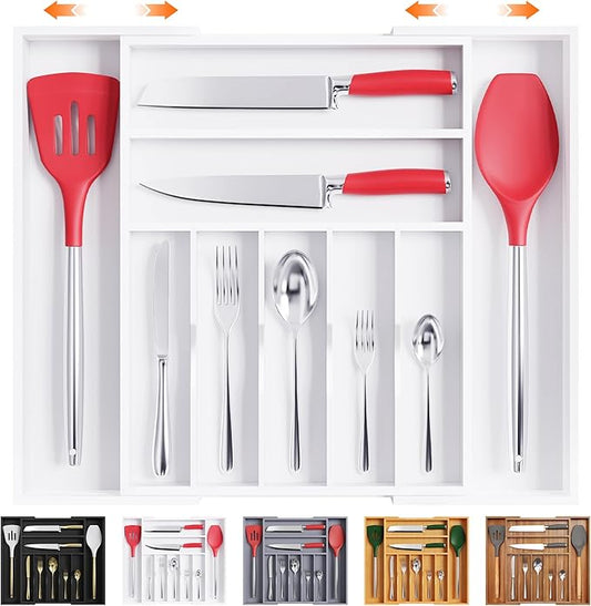 Bellsal Large Premium Bamboo Silverware Organizer - Expandable Utensil Drawer Organizer - 17"x19.6" Utensil Holder and Cutlery Tray with Grooved for Kitchen Flatware and Utensils(7-9 Slot, White) by Bellsal
