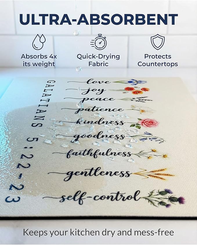 2 Pack Fruit of the Spirit Dish Drying Mats, 16"x12" Absorbent Microfiber Coffee Bar Mat for Countertop, Non-Slip Backing, Galatians 5:22-23 Bible Verse Kitchen Decor, Christian Gift