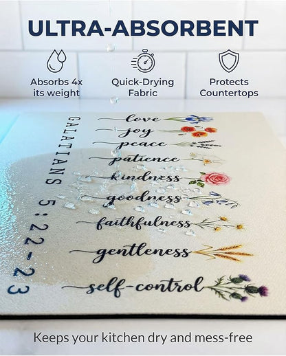 2 Pack Fruit of the Spirit Dish Drying Mats, 16"x12" Absorbent Microfiber Coffee Bar Mat for Countertop, Non-Slip Backing, Galatians 5:22-23 Bible Verse Kitchen Decor, Christian Gift
