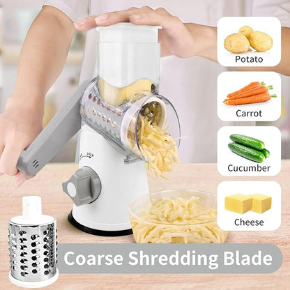 Rotary Cheese Grater, Manual Cheese Shredder with 3 Interchangeable Blades, Cheese Grater Hand Crank with Strong Suction Base, Easy to Use and Clean, White - Image 2