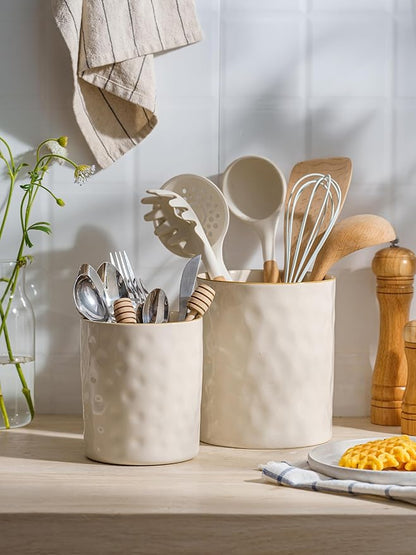 famiware Ocean Utensil Holder, 7.2"+5.8" Ceramic Kitchen Utensil Holder for Countertop, Cooking Utensil Crocks, Utensil Organizer for Spatula & Spoon, Kitchen Decor, Set of 2, Vanilla White - Image 8