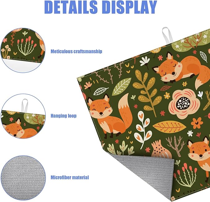 Cute Fox Dish Drying Mat for Kitchen Counter Animals Drying Pad Absorbent Reversible Dish Drainer Rack Mats Draining Pad 18"x24"Inch