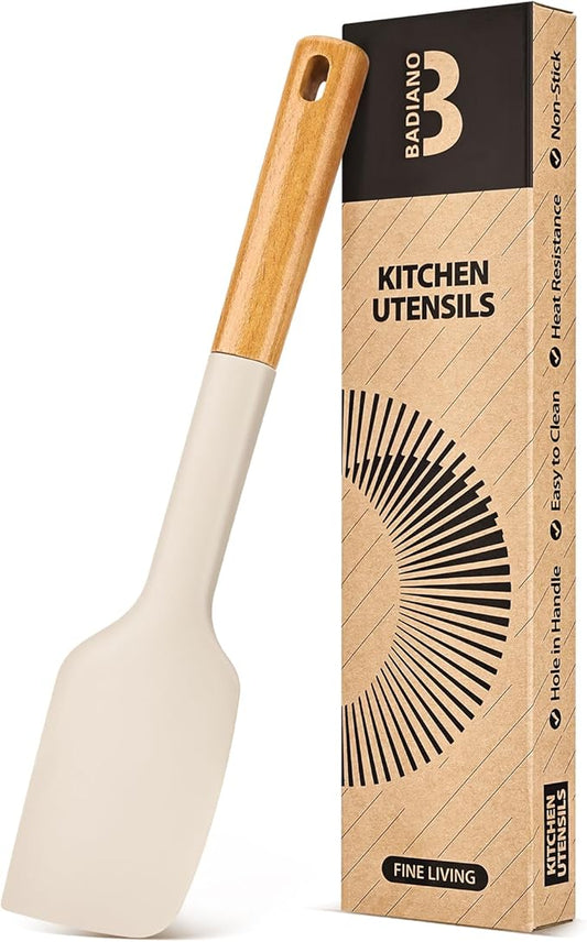 Silicone Heavy-Duty Spatula, Great For Tough Mixing And Stirring, Sturdy Bpa-Free Matte Silicone, Wooden Handle Rubber Scraper For Nonstick Cookwares (KHAKI)