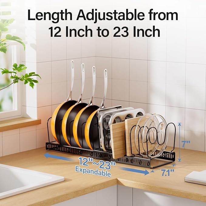 ORDORA Pots and Pans Organizer under Cabinet with Pot Lid Organizer, Expandable Rack for Pan and Pot Organizers Inside Cabinet, 11.8"-22.8" Adjustable with 12 Dividers for Kitchen Organization, Black - Image 3