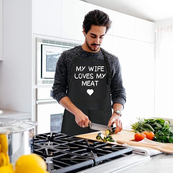 Rosoz Funny BBQ Black Chef Aprons for Men, Adjustable Kitchen Cooking Aprons for Men, Dad, Husband - Birthday, Father's Day