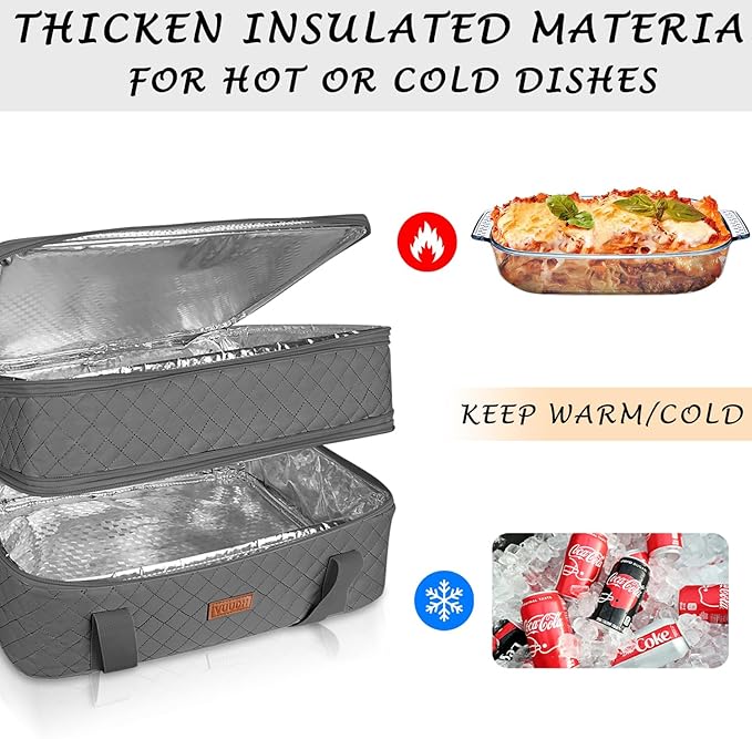 Quilted Double Decker Casserole Carrier - Expandable Dish Carrying Case for Hot or Cold Food, Lasagna Holder for Potluck Parties, Picnic, Beach, Fits 9"×13" Baking Dish (Grey)