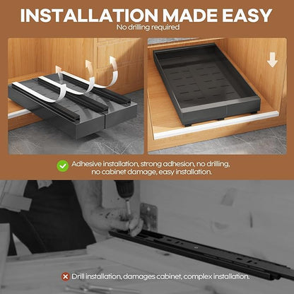 Seinloes 4 Pack Expandable (9"-14") Pull Out Cabinet Organizer 21" Deep With Raising Pad for Framed Cabinets,Upgrade 3 Slide Rails Slide Out Drawers,No Drill Roll Out Shelves Adhesive,Black - Image 6