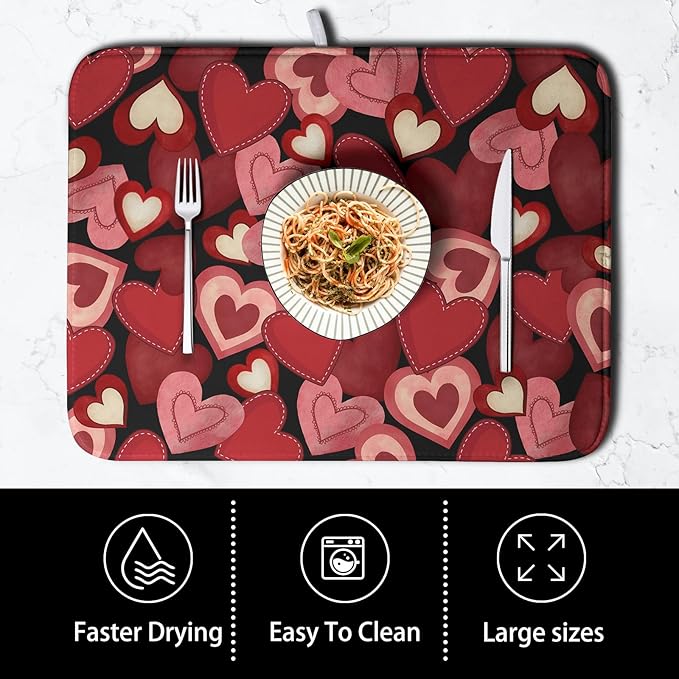 Valentine Dish Drying Mat for Kitchen Counter Red Black Love Heart Drying Pad Microfiber Absorbent Coffee Bar Mat Heat Resistant Countertop Protector Dishes Drainer Mat 16x18 Inch - Image 4