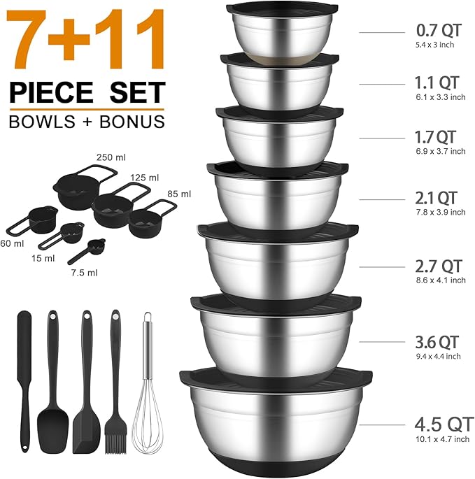 CHAREADA Mixing Bowls with Airtight Lids, 18pcs Stainless Steel Nesting Colorful Mixing Bowls Set Non-slip Silicone Bottom, Size 4.5, 3.6, 2.7, 2.1, 1.7, 1.1, 0.7 qt, Fit for Mixing & Serving (Black) - Image 4