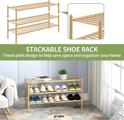 ROMGUAR CRAFT 3-Tier Bamboo Long Shoe Rack, Free Standing Wood Shoe Shelf Storage Organizer for Closet Entryway Stackable 35"x11"x20" (Natural) - Image 6