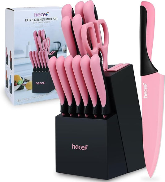 hecef 13 Pieces Kitchen Knife Set with Built-in Sharpening Wooden Block, Dishwasher Safe, High Carbon Stainless Steel Knife Block Set with Steak Knives, Kitchen Scissors, Pink