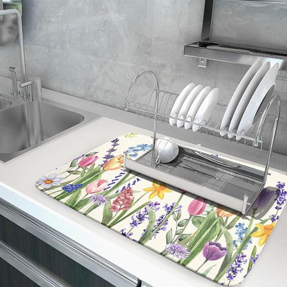 Spring Summer Floral Dish Drying Mat for Kitchen Counter 18x24 Inch Spring Flowers Dish Drainer Rack Mats Absorbent Kitchen Drying Mat Botanical Floral Drainer Rack Mats for Kitchen Countertop Decor
