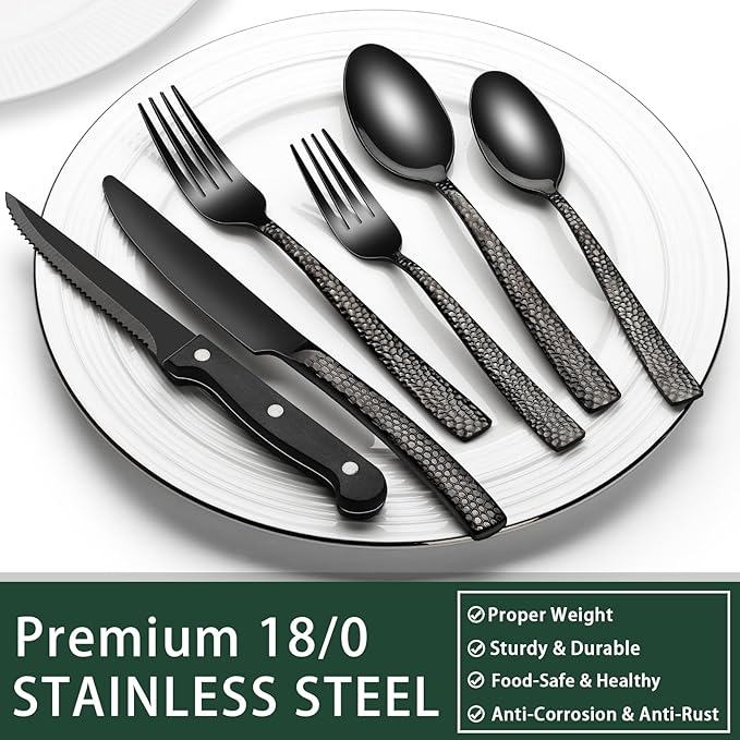 EWFEN 24-Piece Black Silverware Set with Steak Knives, Black Flatware Set for 4, Food-Grade Stainless Steel Tableware Cutlery Set, Mirror Finished Utensil Sets for Home Restaurant, Wave Hammered - Image 5