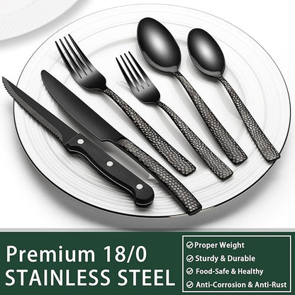 EWFEN 24-Piece Black Silverware Set with Steak Knives, Black Flatware Set for 4, Food-Grade Stainless Steel Tableware Cutlery Set, Mirror Finished Utensil Sets for Home Restaurant, Wave Hammered - Image 5
