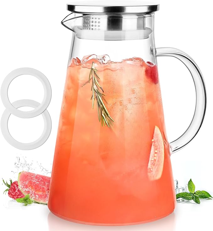 LUNA&MANTHA Glass Pitcher, 2 Liter 68oz Water Pitcher with lid and Handle, Large Ice Tea Jug for Fridge, Borosilicate Glass Carafe for Hot/Cold Drink, Juice, Coffee, Milk, Beverage by LUNAMANTHA